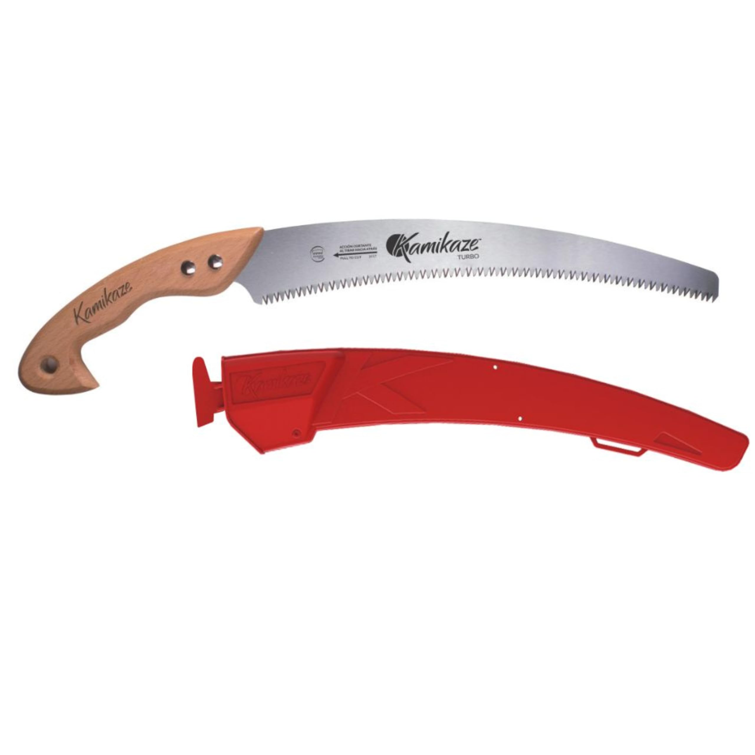 KAMIKAZE Serrucho de Poda Curvo W-330H con Mango de Madera y Hoja Curva de 330mm. Sierra para Madera con Hoja de Acero SK-4 Rico en Carbono de Alta Durabilidad. Incluye funda con clip.