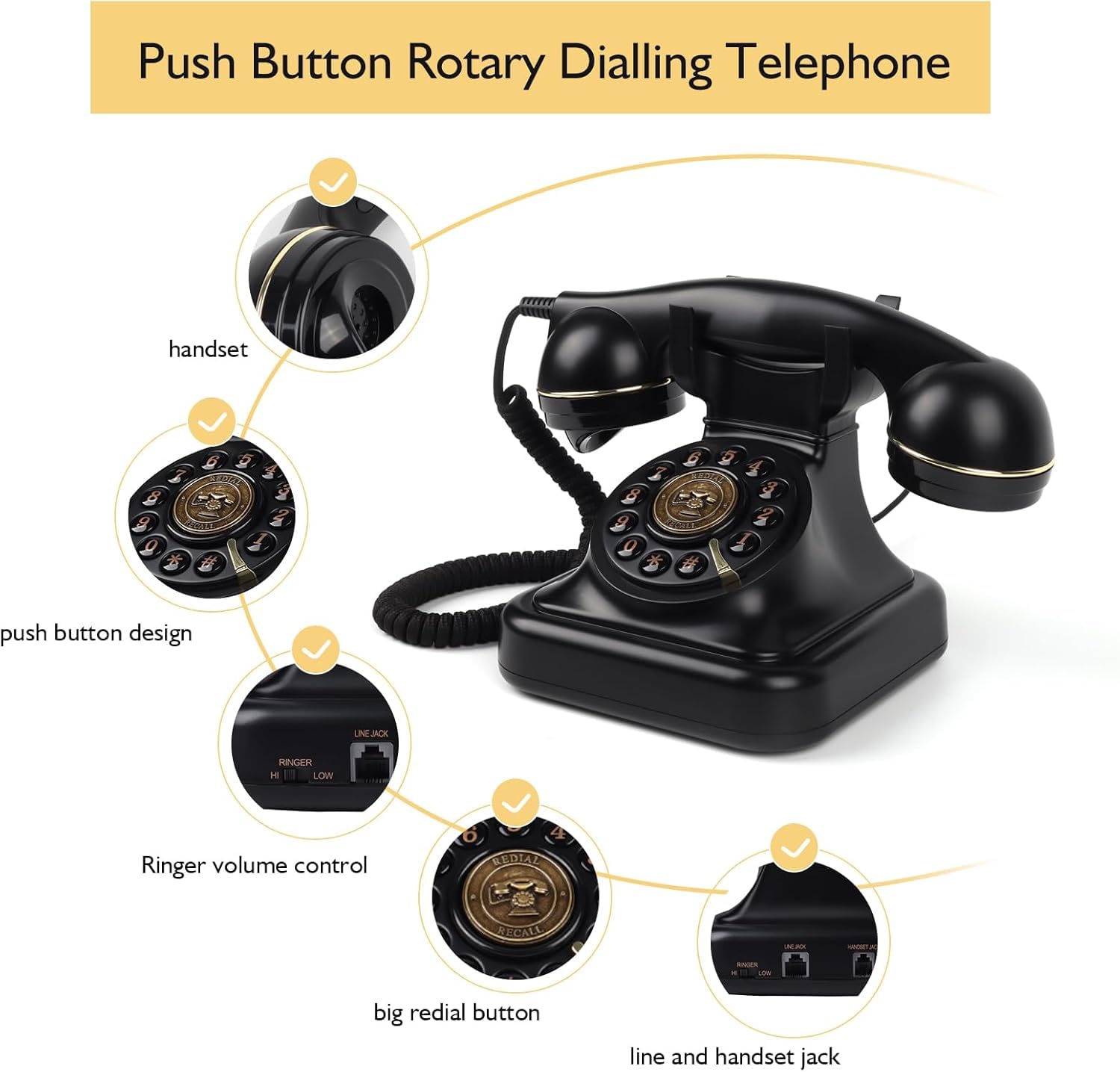 Telefono fisso retrò con selezione a pulsante, telefono vintage con volume della suoneria regolabile e funzione di ricomposizione, telefono retrò con filo per casa, ufficio, hotel, nero
