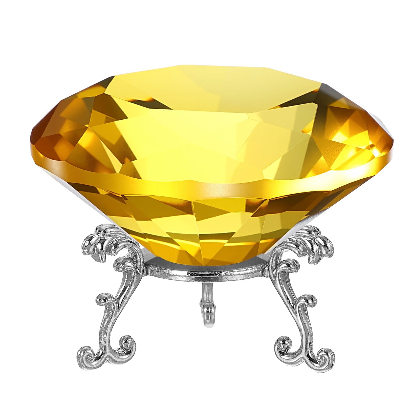 PATIKIL Diamond Crystal Paperweight, 80mm / 3.15" Crystal Paperweight Paper Weight with Silver 19 Metal Base for Home Office Desktop Table Decor Wedding Party Ornaments, Yellow