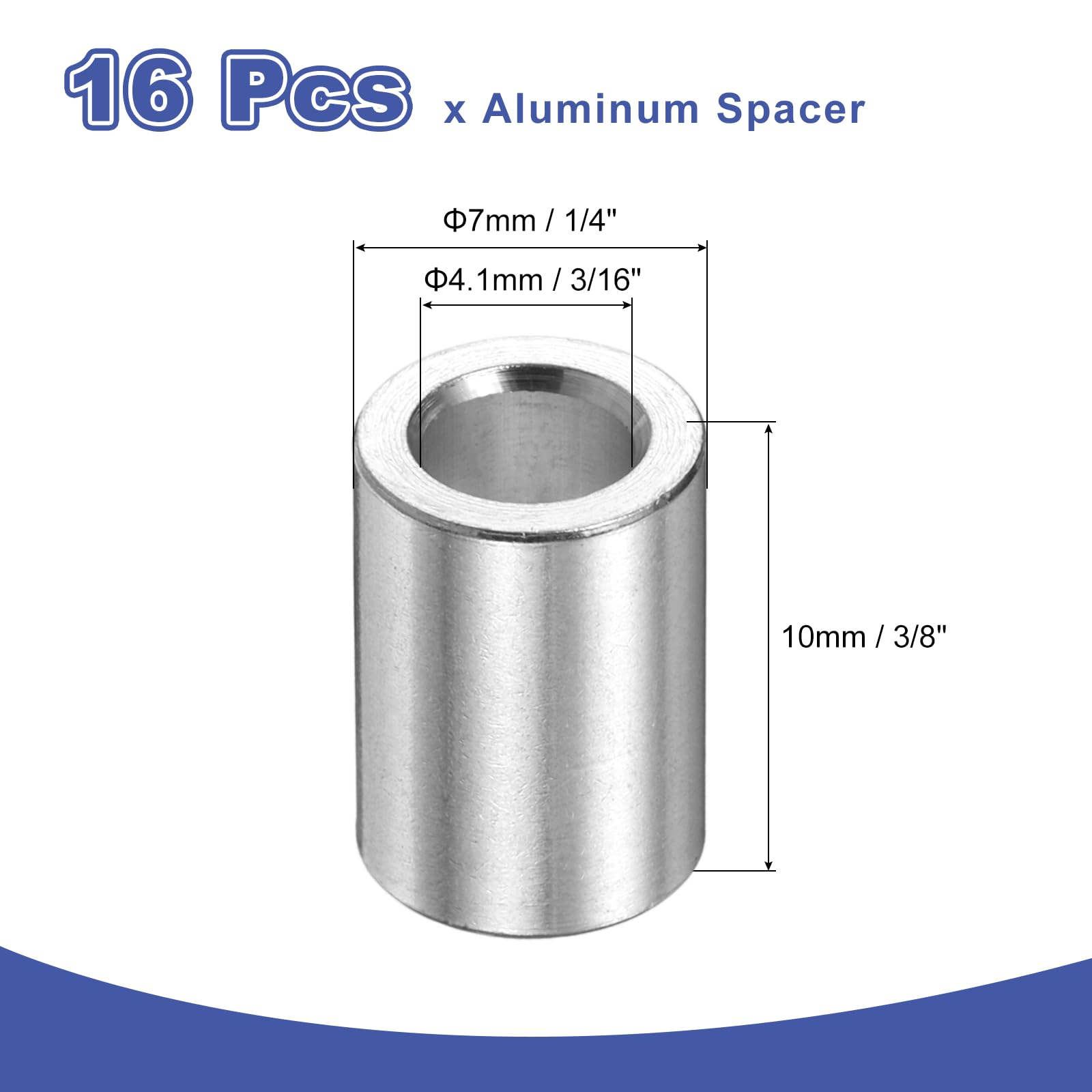 uxcell Lot de 16 entretoises en aluminium de 4,1 x 7 x 10 mm, finition unie, entretoises rondes en métal non filetées pour vis, boulons et tiges M4, argent