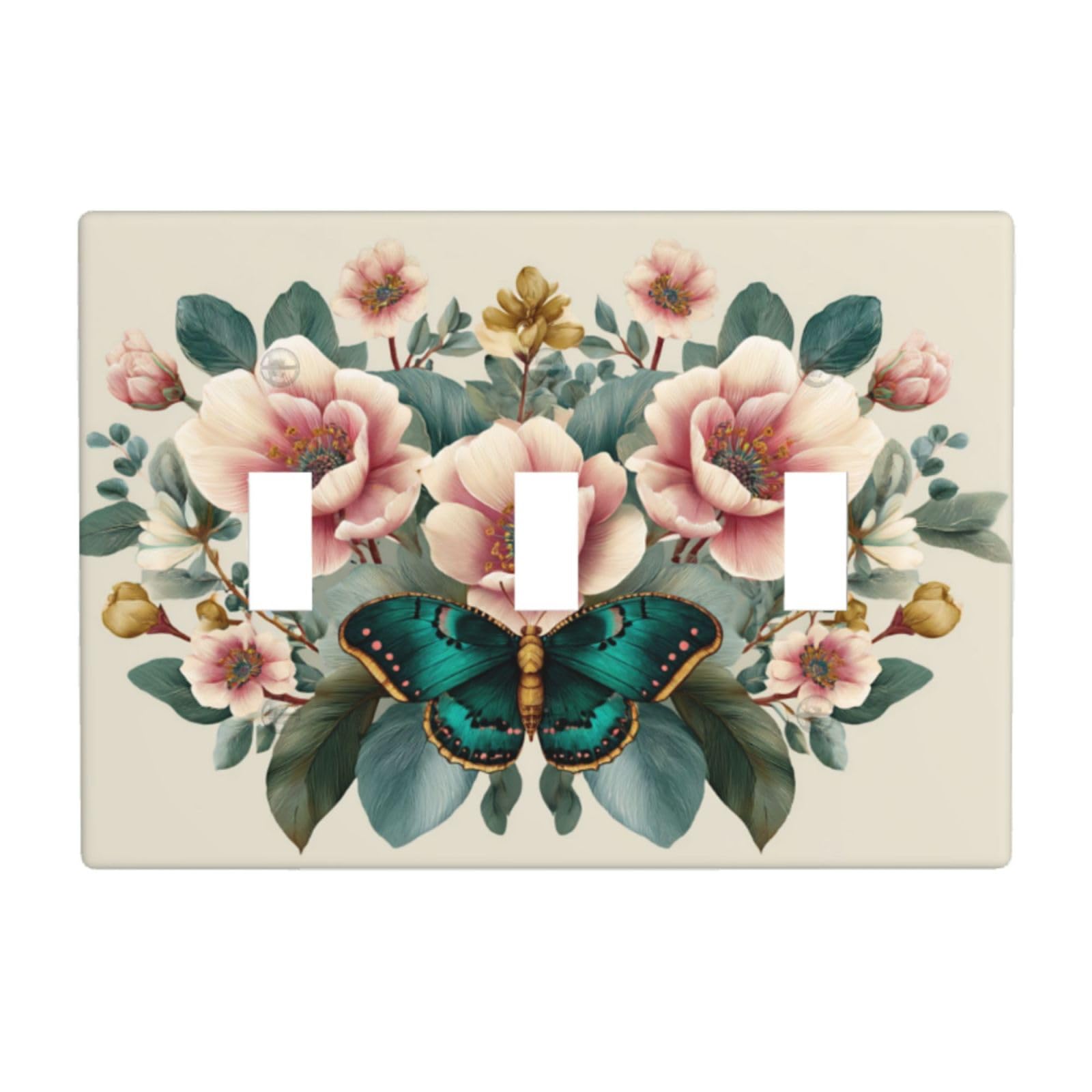 Woshuwo White Bouquet Botanique Flowers Beautiful Butterfly Light Switch Covers 3 Gang Triple Toggle Wall Plate Switchplate Electrical Faceplate For Bathroom Kitchen Bedroom Decor
