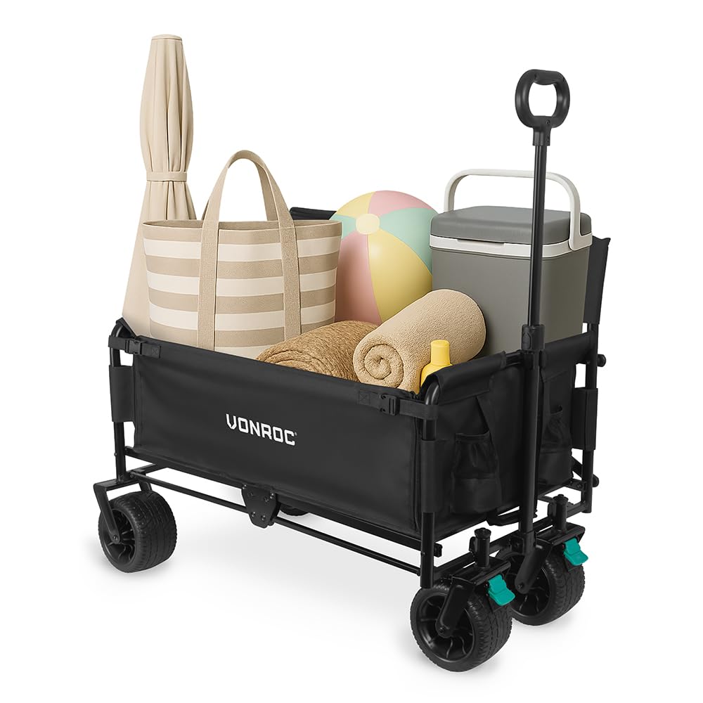 VONROC Carrello Pieghevole con Seduta 2-in-1 – Carrello da Giardino e Spiaggia – Portata 120kg – 115L – Ruote Anti-Foratura – Telaio in Acciaio – Richiudibile con Custodia – Nero