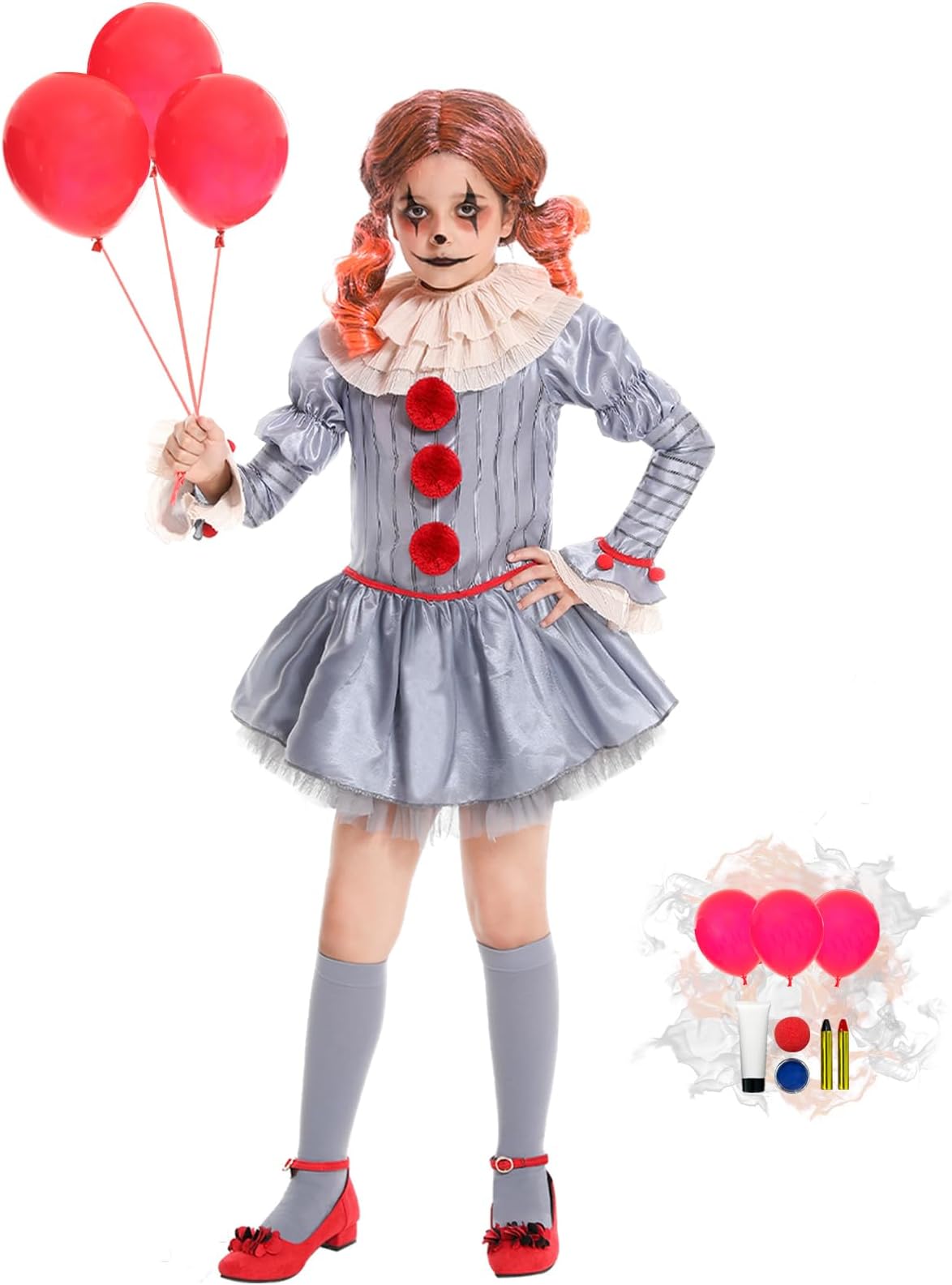 Clown Costume for Girls Halloween Scary Costume kids,Balloons Makeup Kit Included (Silver)