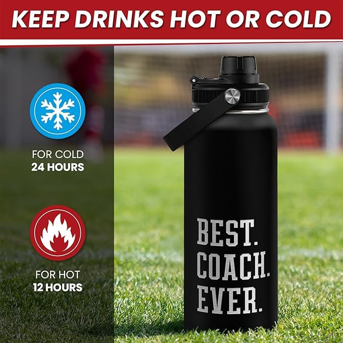Image of SANDJEST Sport Coach Insulated Engraved Stainless Steel Water Bottle 32oz, Best Coach Ever, Vacuum Chug Lid Travel Tumbler For Men Friends Coaches, Birthday Christmas