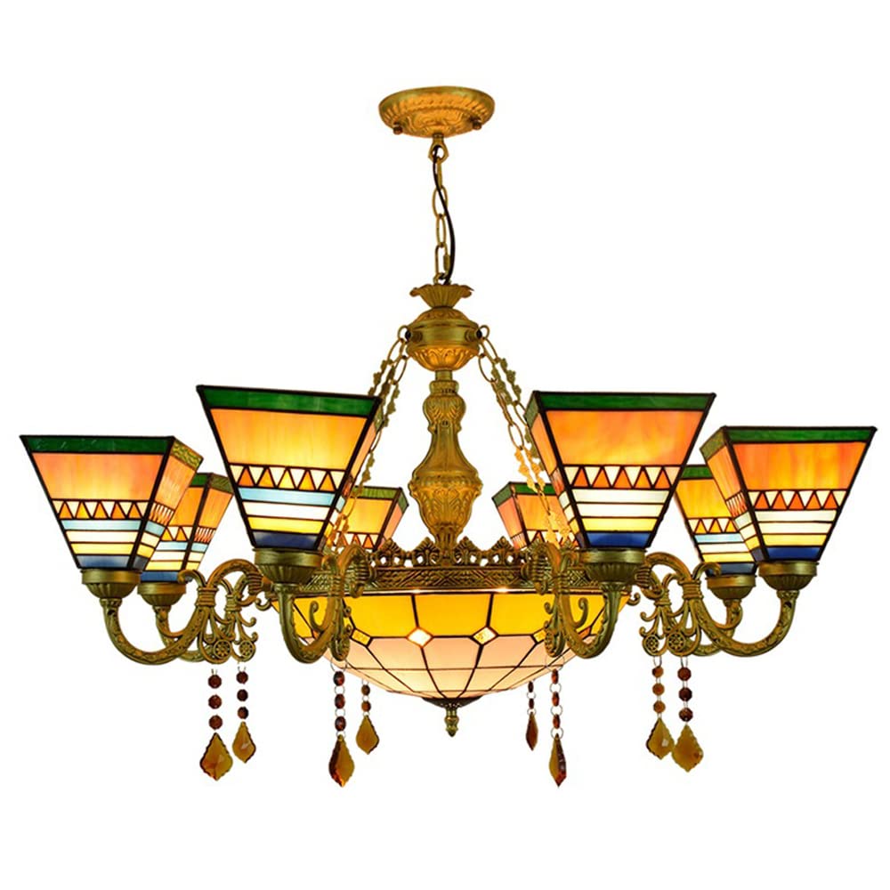 FYZDLAOR 8+1-Light Chandelier,with Pyramid Shape Lampshade Pendant Light Light Fixtures,Tiffanystyle Stained Glass Hanging Light Wide 36 Inch with Crystal Pendant