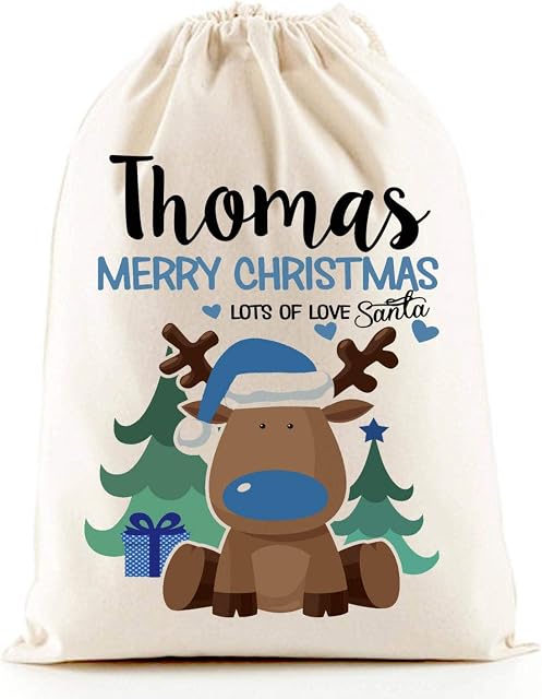 The Lazy Cow Personalised Santa Sack (Reindeer Boys blue) BLUE christmas bag
