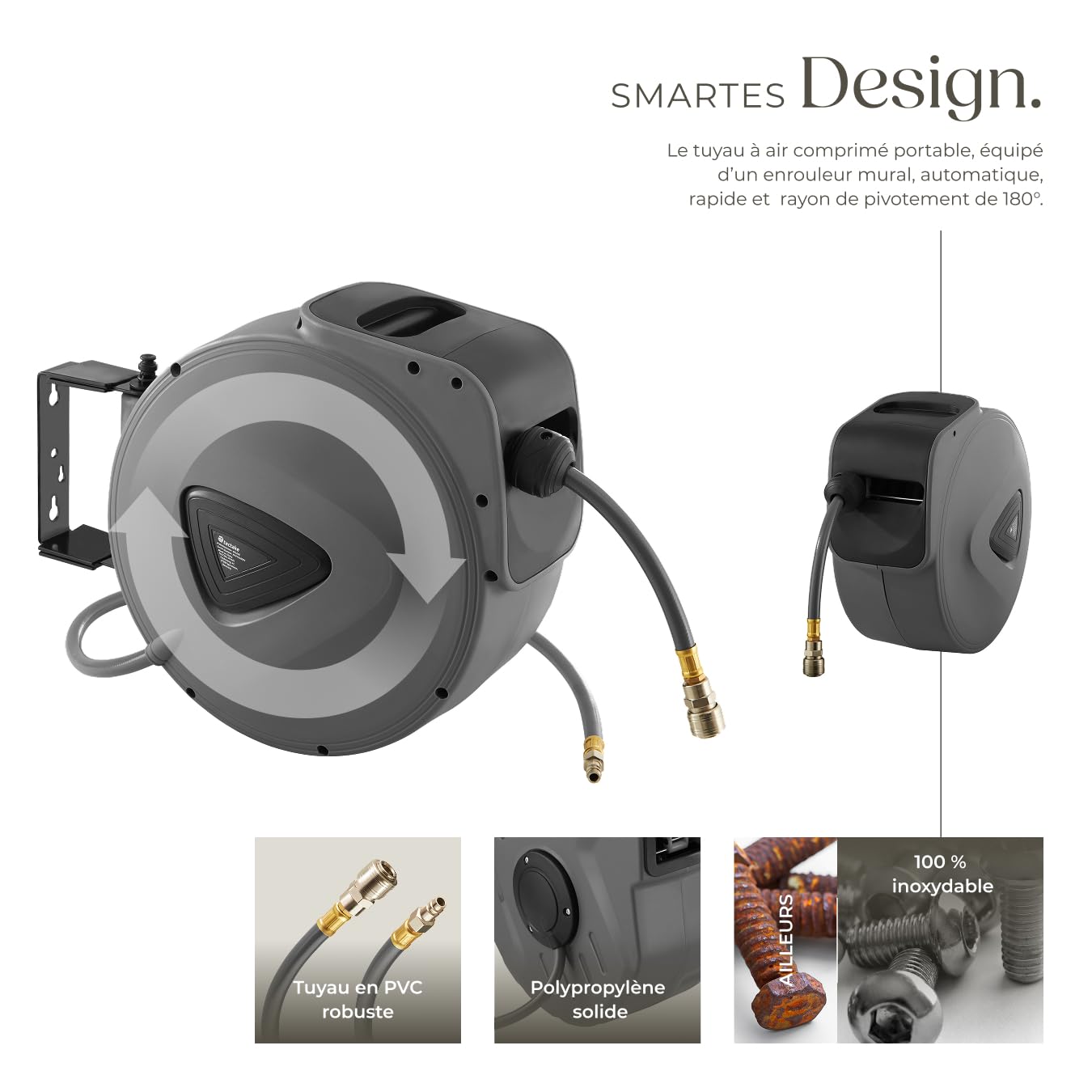 tectake® Enrouleur pneumatique avec tuyau air comprimé 20 m, raccord rapide 1/4, Support mural rotatif à 180° et amovible, 8-12 bars, Dévidoir automatique Enrouleur tuyau air comprimé Atelier Garage