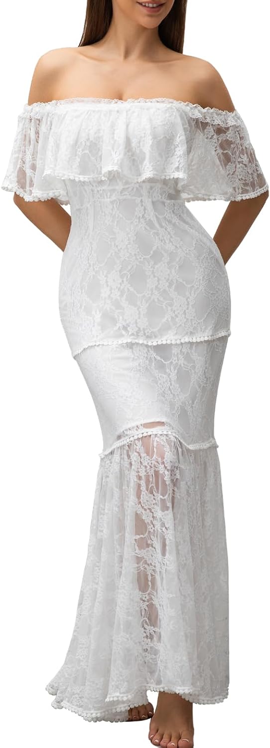 Women's Casual Off Shoulder Lace Maxi Dress Boho White Bridesmaid Wedding Evening Party Dresses