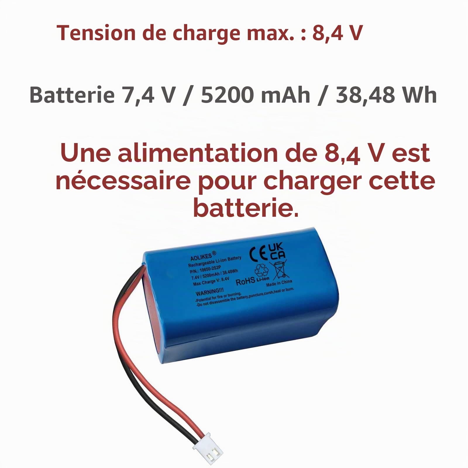Batterie lithium-ion rechargeable 7,4 V 5200 mAh avec connecteurs XH2.54/2P, batteries 18650, batterie Li-ion 2S2P, prend en charge la décharge continue 3C