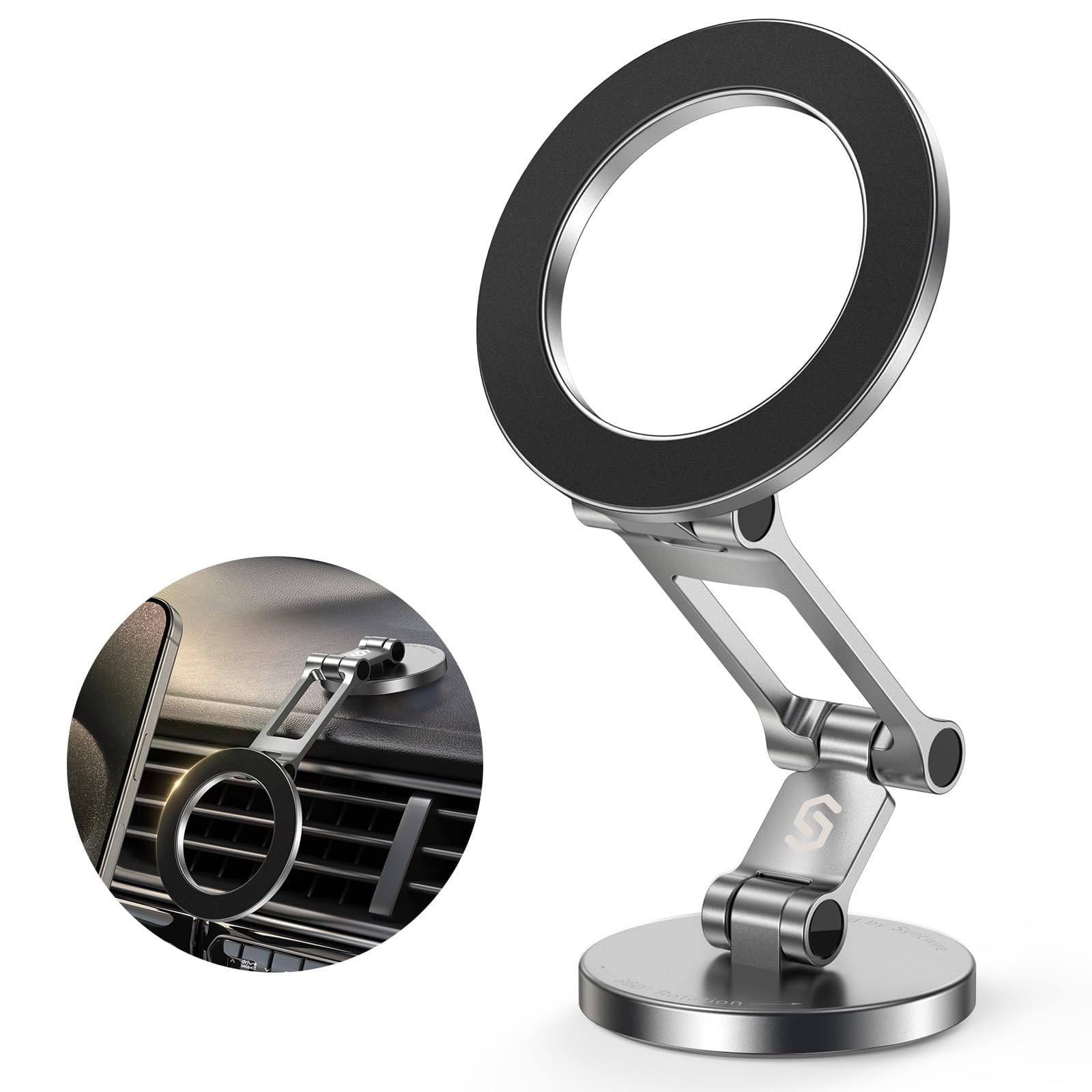 SYNCWIRE Fits MagSafe Car Mount All-Metal Magnetic Phone Holder for Car Flexible Three-axis 360 Rotation Magnetic Car Mount