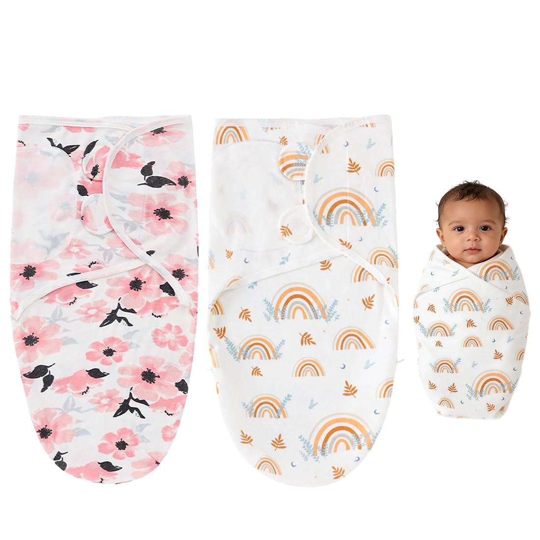 Lot De 2 Emmaillotage Bébé 0-6 Mois - Langes 73X50 Cm En 100% Coton - Motifs arc-en-ciel et floraux kaki- Puériculture Nouveau-Né Fille
