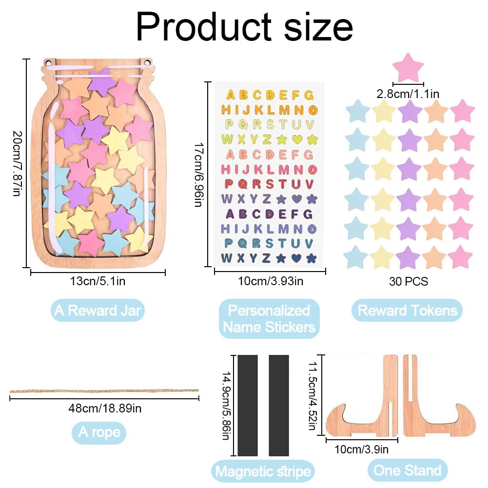 Reward Jar with 30 Stars, Magnetic Reward Jar for Good Behaviour Wooden Rewards Chart with Stickers, Motivate Good Behavior - Image 2