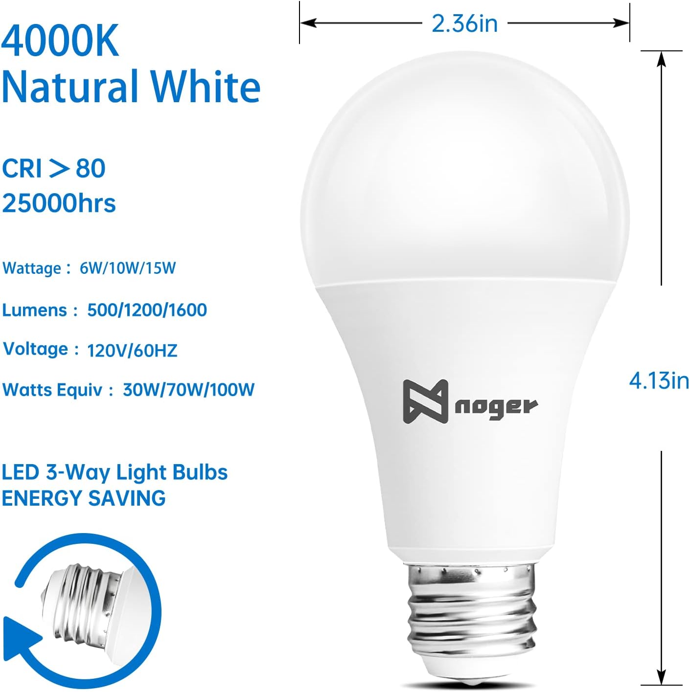Noger 3 Way Light Bulbs A19, 30 70 100W Equivalent, 4000K Natural White, 3 Way E26 Light Bulbs for Reading, 500-1200-1600LM, 2 Pack