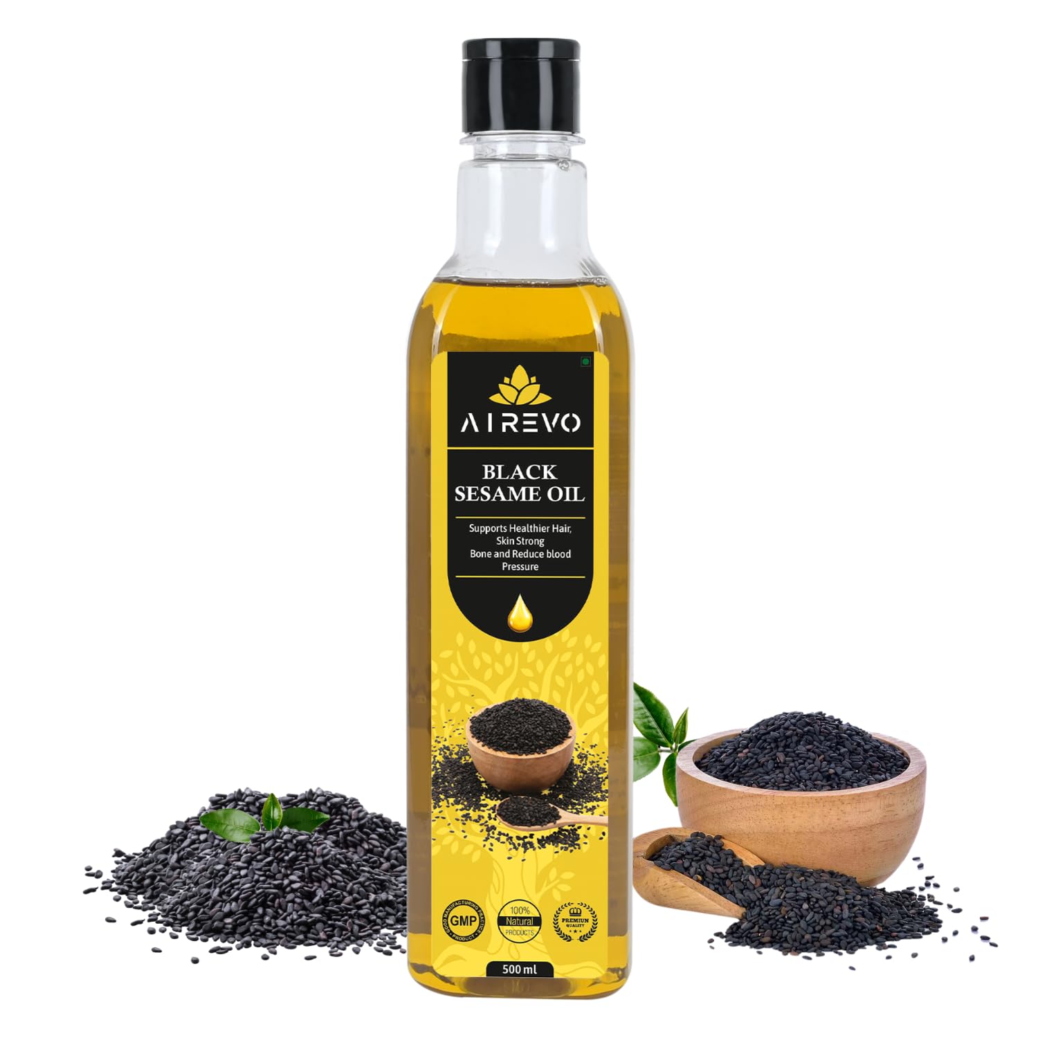 AIREVO 100% Pure & Unrefined Cold Pressed Black Sesame Oil – Kolhu/Kacchi Ghani/Chekku/Marachekku, Chemical & Preservatives Free. (500ML)