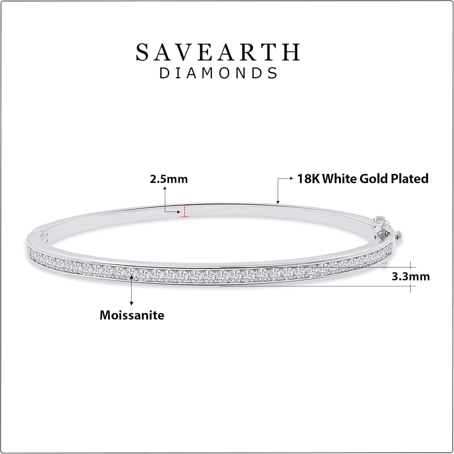 SAVEARTH DIAMONDS 3.3MM Bangle Classic Tennis Bracelet Round Lab Created Moissanite Bracelets for Brides in 18K Gold Plated Jewelry Gift for Her (Available in 6.5" or 7.5")