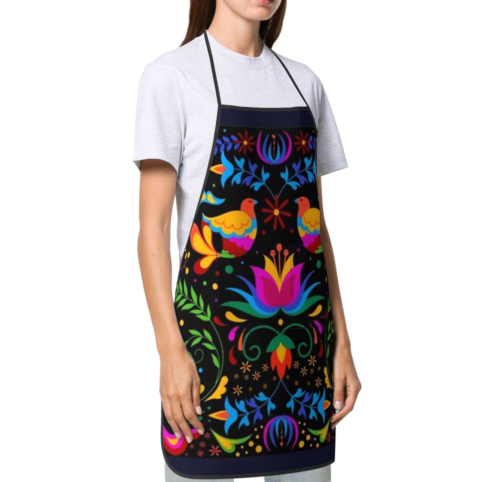 Mexican Floral Aprons, Waterproof Adjustable Apron for Kitchen Bbq with 2 Pockets, Gifts for Women Men