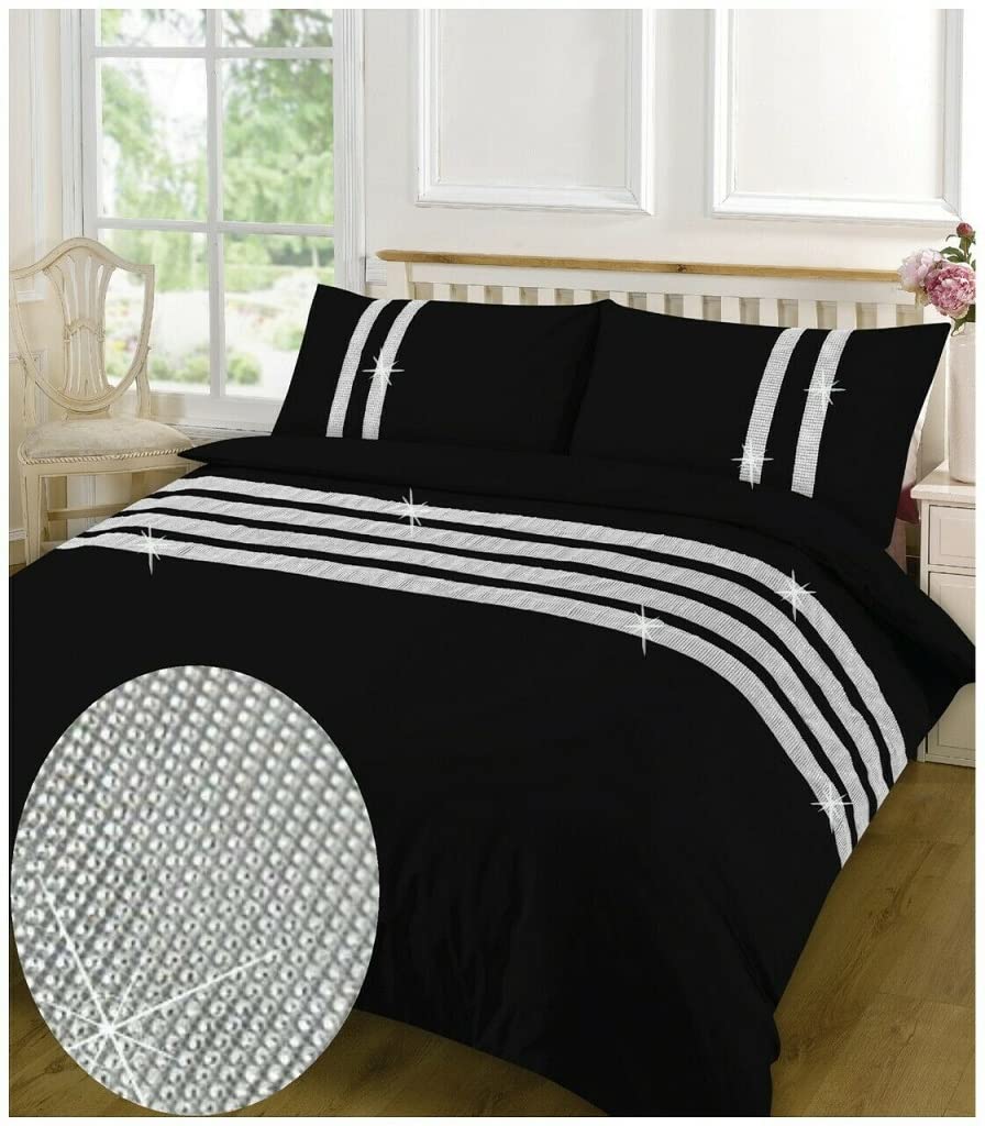 Goldstar Dia Diamante Lace Egyptian Cotton Duvet Cover Bedding Set, Double, Black