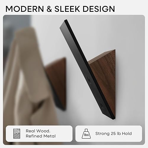 Miniatura 3 de Homeforia Ganchos de madera de nogal, madera de nogal de alta gama y metal negro para colgar en la pared, ganchos modernos de mediados de siglo,