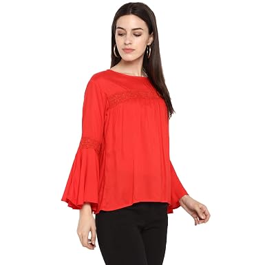 Red Solid Rayon Bell Sleeves Tops 