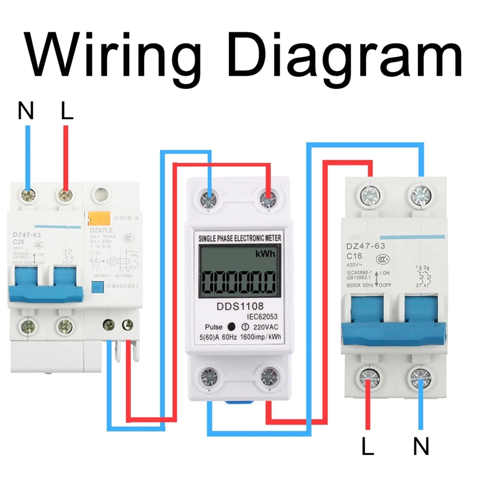 1 x licznik energii elektrycznej 2P cyfrowy wyświetlacz LCD jednofazowy na szynie DIN zainstalować 2-przewodowy licznik energii elektrycznej watomierz mocy AC230V60Hz (5-60A)