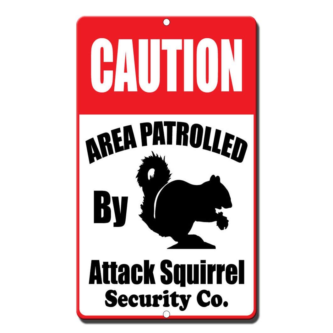 Guadalupe Ross Metal Tin Sign Caution Area Patrolled by Attack Squirrel Wall Decor Sign 12x8 Inches