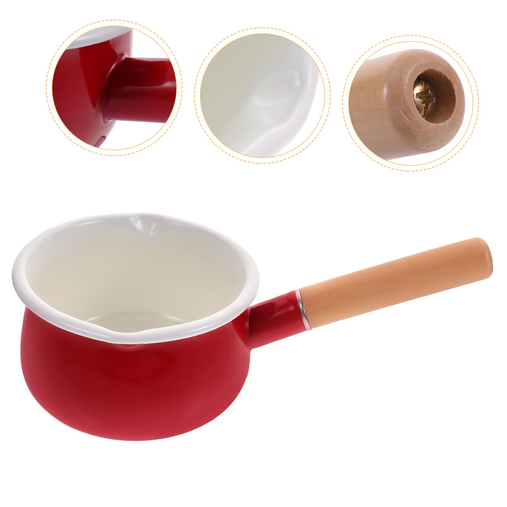 Pentola Smaltata per Latte Manico in Legno, Facile da Pulire, Superficie Liscia, per Cucina e Salse, Pentolino Piccolo Resistente al Calore