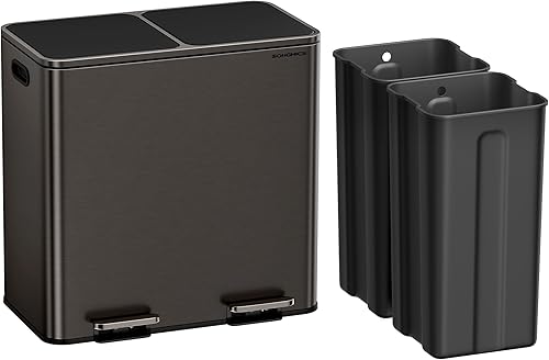 Miniatura 14 de SONGMICS Bote de basura, 2 x 8 galones (2 x 30 L) de doble compartimento con tapa de cierre suave, pedal y cubos interiores, acero inoxidable, Mate