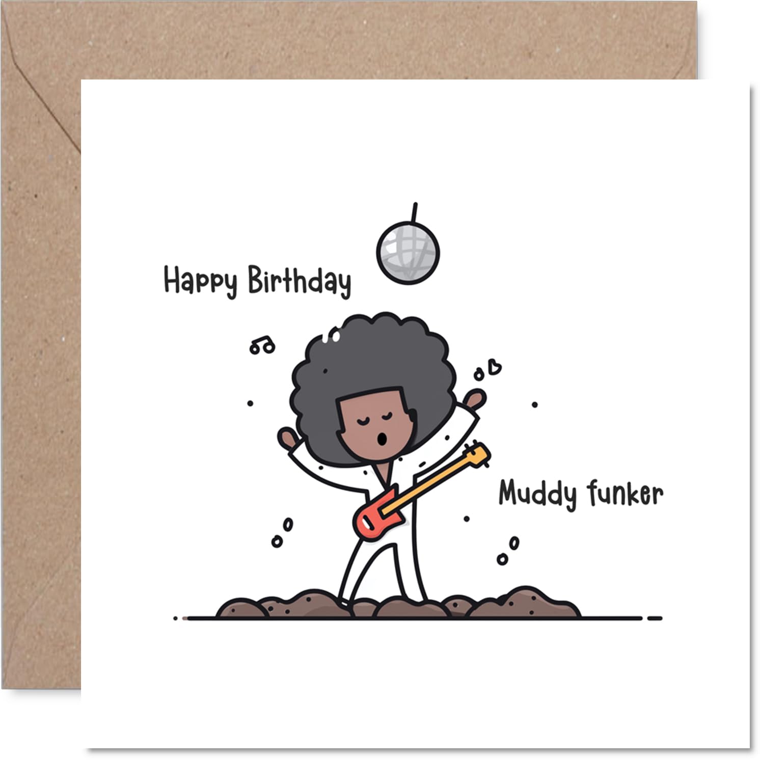 Cheeky Birthday Card - A Proper Giggle for Their Big Day - Playful Guitar-toting Character under a Disco Ball - Music-themed Fun That Stands Out - 145mm Square, Envelope Included