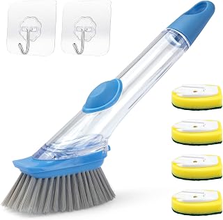 Soap Dispensing Dish Brush Set, Scrub Brush with 4 Sponge Replacement Heads and 2 Adhesive Hooks, Dish Brush with Handle for Kitchen Dishes Sink Pot Pan Cleaning