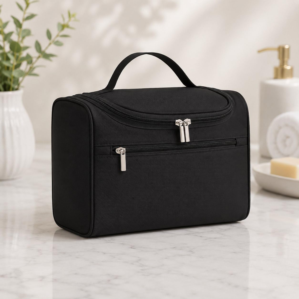 Premium Hanging Toiletry Bag for Men and Women | Water-Resistant Travel Makeup Organizer | Large Capacity Bathroom Storage Cosmetic Pouch with Sturdy Hook & Durable Zippers (Black)-image-10
