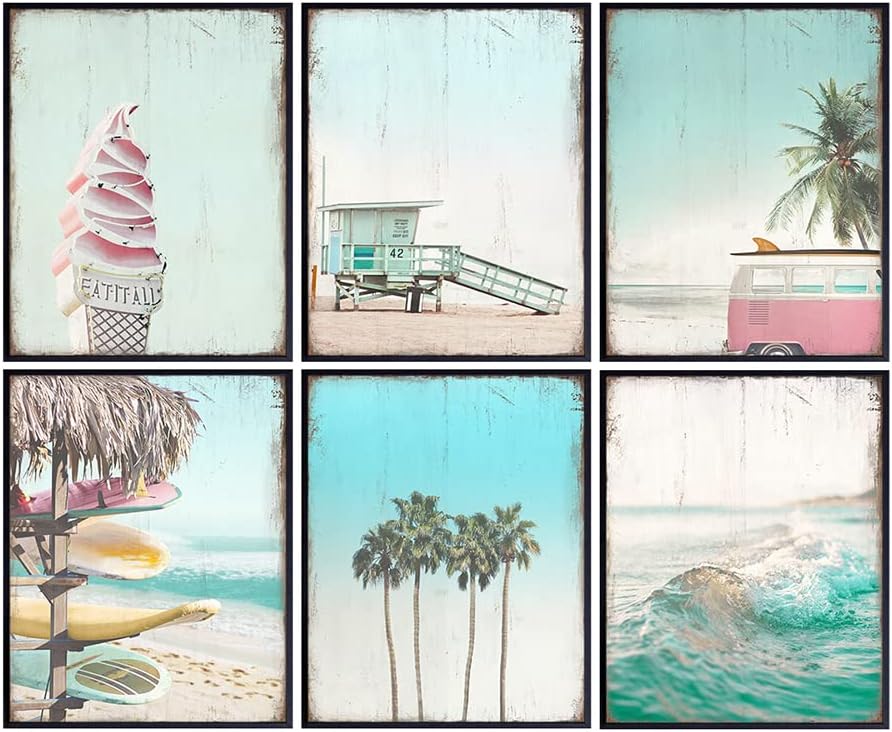 Rustic Vintage Nautical Ocean Poster Prints for Beach House Decor, Home Decoration Set - 6-8x10 Tropical Summer Wall Art - Cute Shabby Chic Gift - UNFRAMED Photo Pictures - Flamingo, Palm Tree, Wave