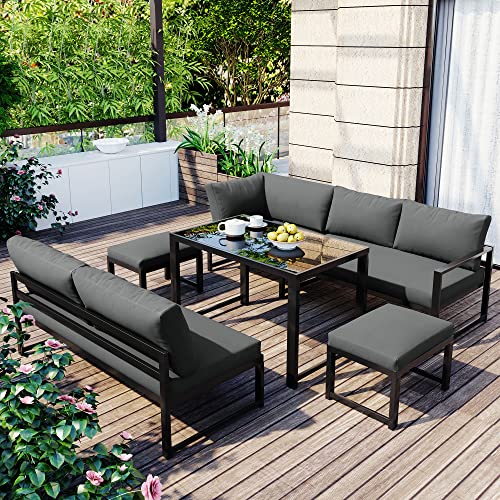 Kayan Garden Furniture Set, 7 Seater Lounge Corner Sofa Set with Glass Table and 2 Stools, Aluminium...