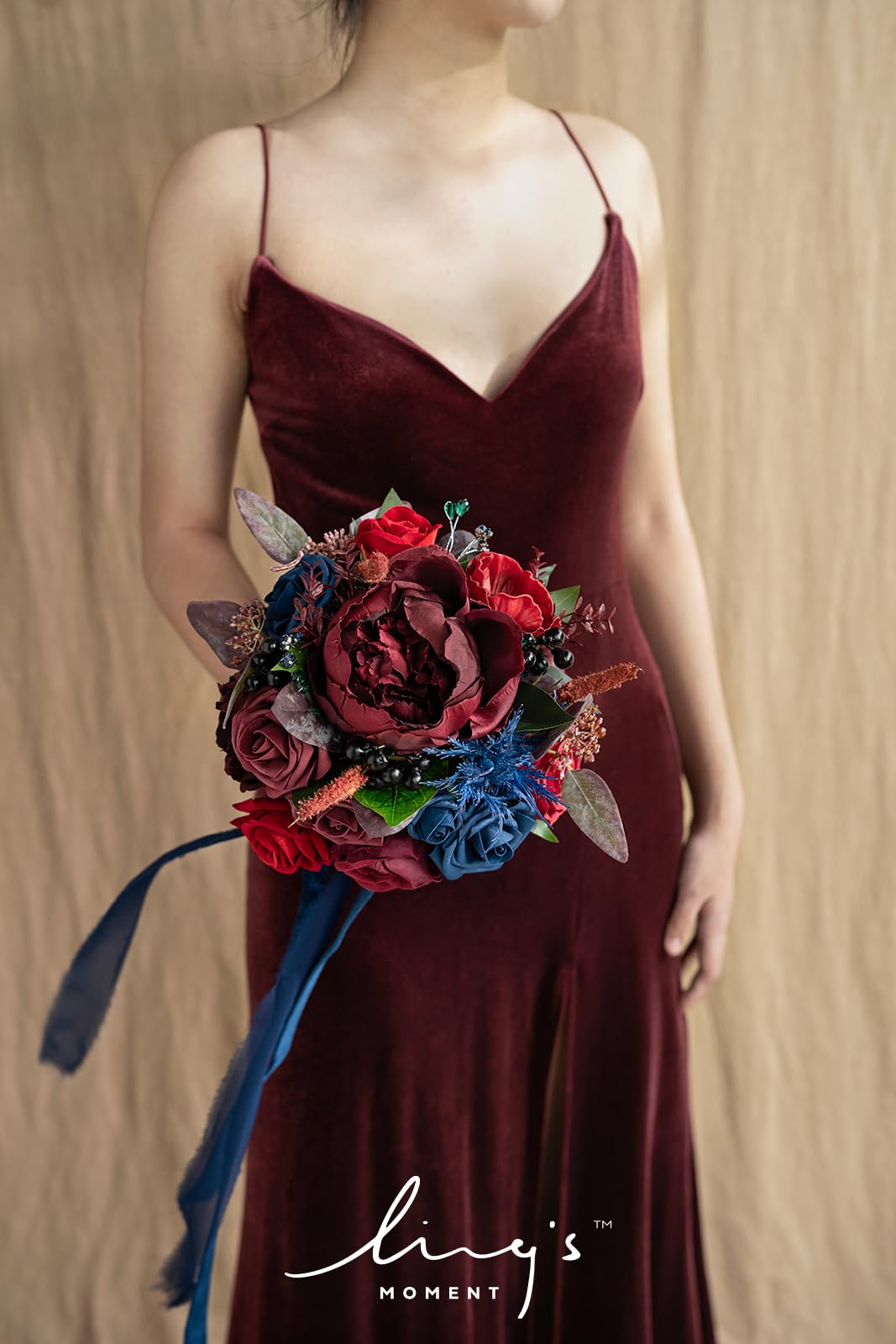 navy bridesmaid dress with burgundy flowers Navy Blue and Burgundy Sola Wood Flower Bouquet for Bride and Bridal Party  Flowers