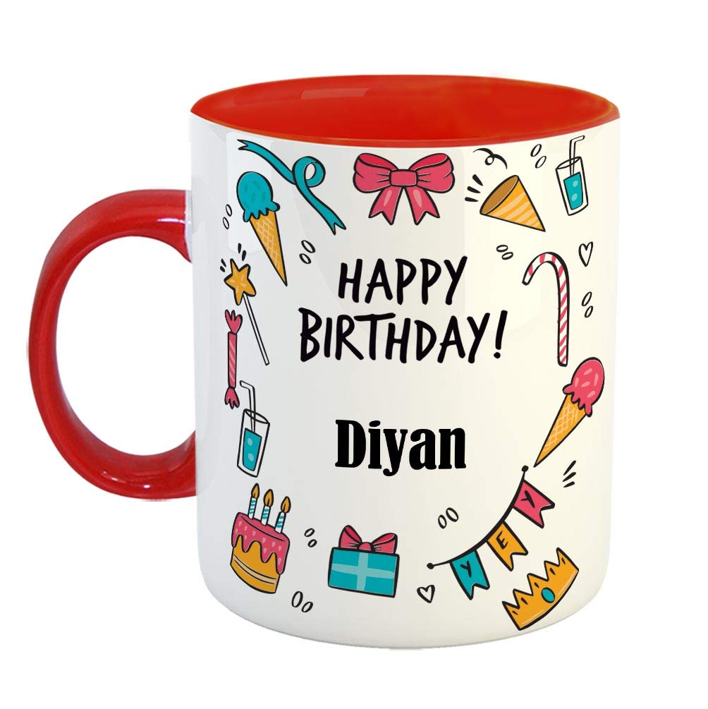 FurnishFantasy Ceramic Coffee Mug - Best Gift for Happy Birthday Mug , Color - Red, Name - Diyan