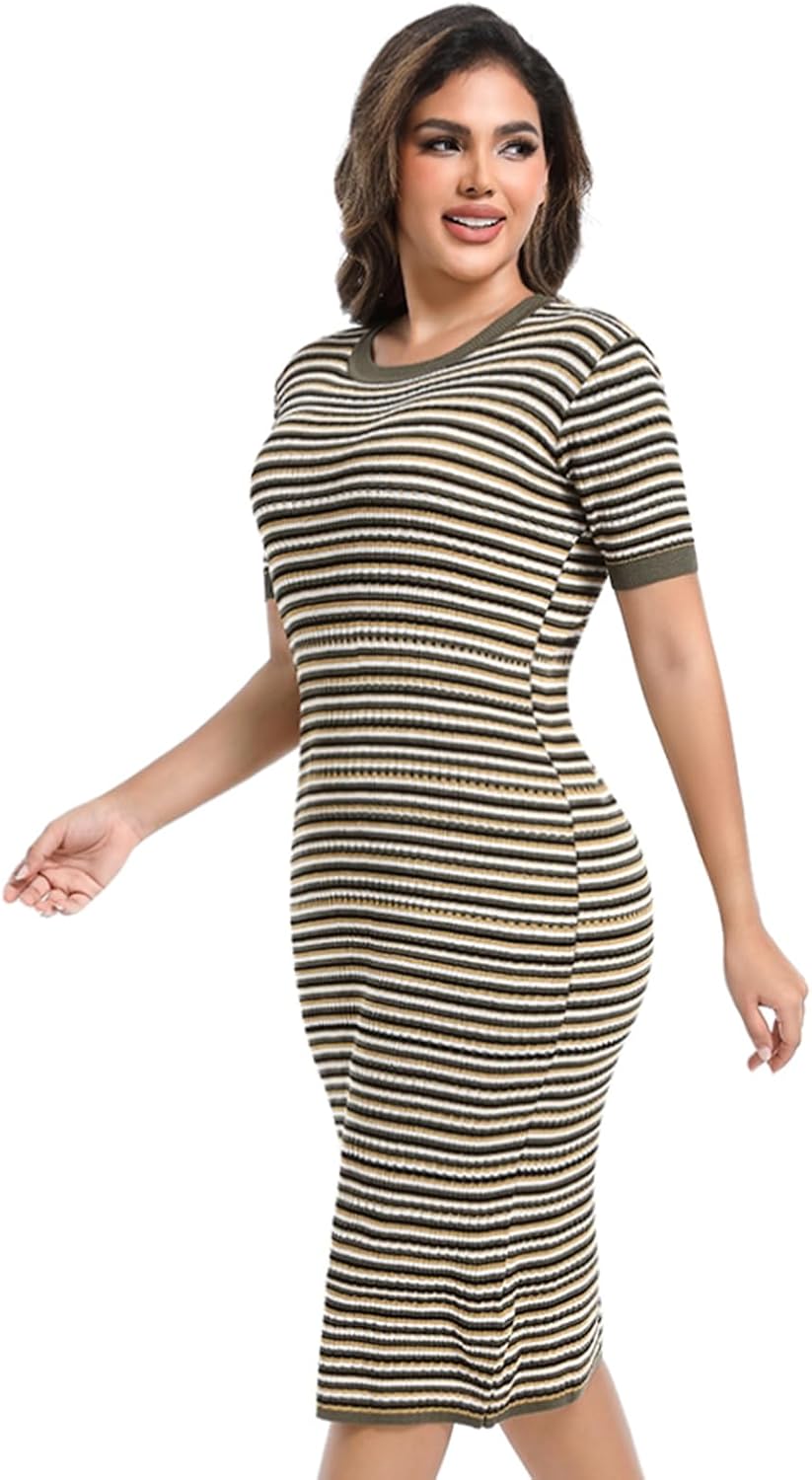 Women Short Sleeve Striped Midi Dress, Crew Neck Pattern Ribbed Casual Bodycon Knit Dress Knee Length - Image 7