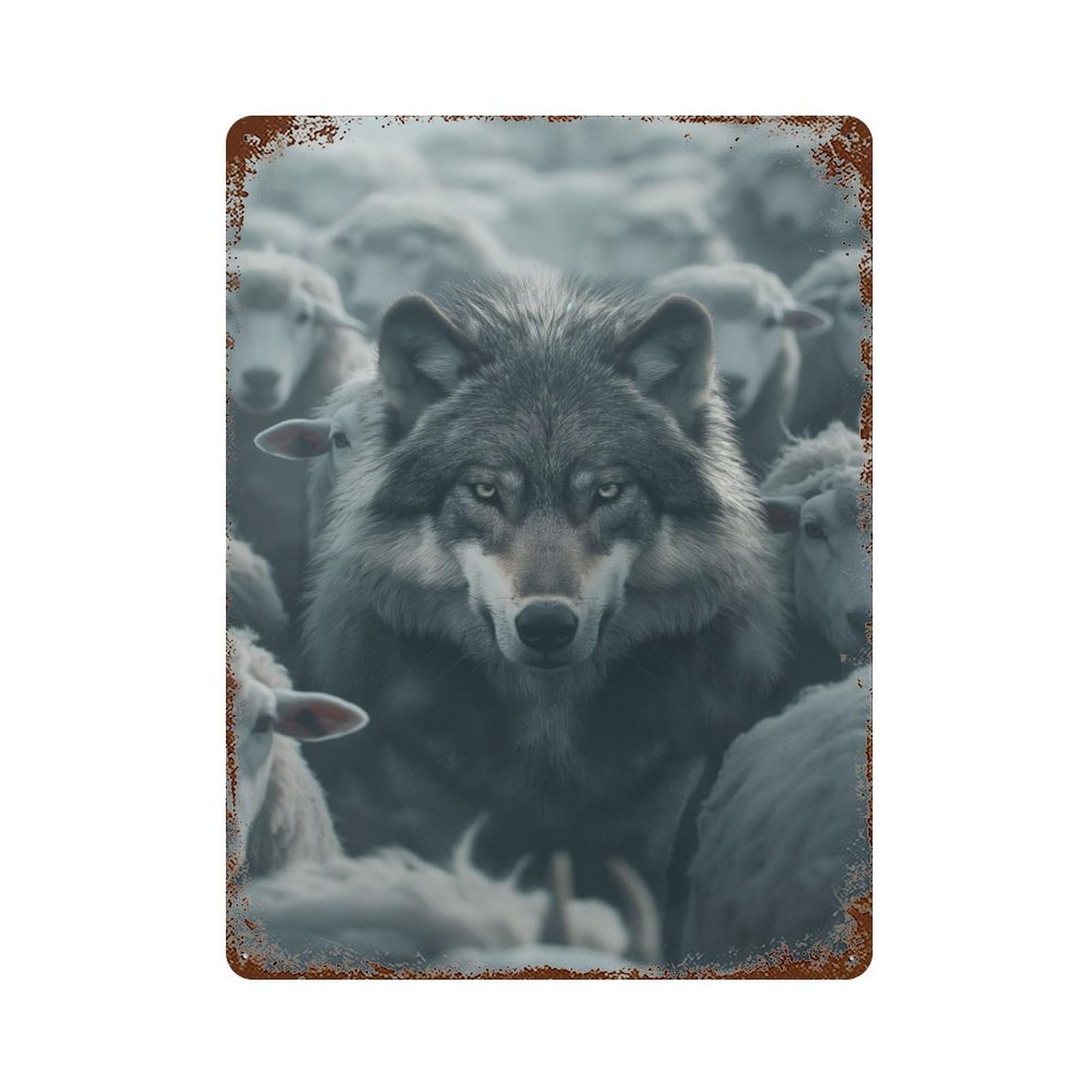 Gray Wolf Sheep Leader Vintage Wall Sign 15.7"x11.8", Rust Effect Metal Decor for Office, Studio And Wall Decor