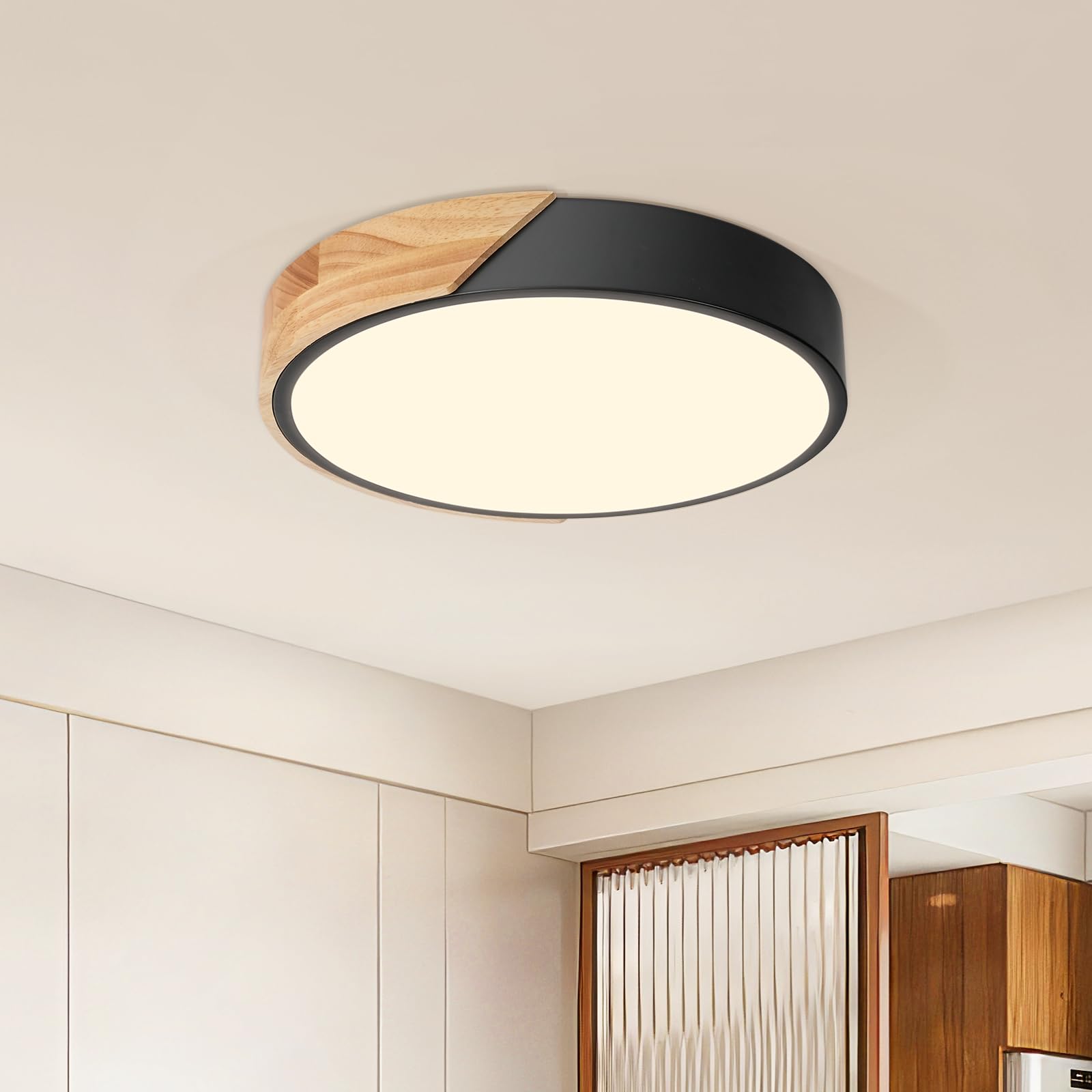 Kambo LED Deckenleuchte 24W ∅30cm, Moderne Deckenlampe Schwarz mit Holzoptik 3000K, für Wohnzimmer, Schlafzimmer, Küche, Flur, Balkon