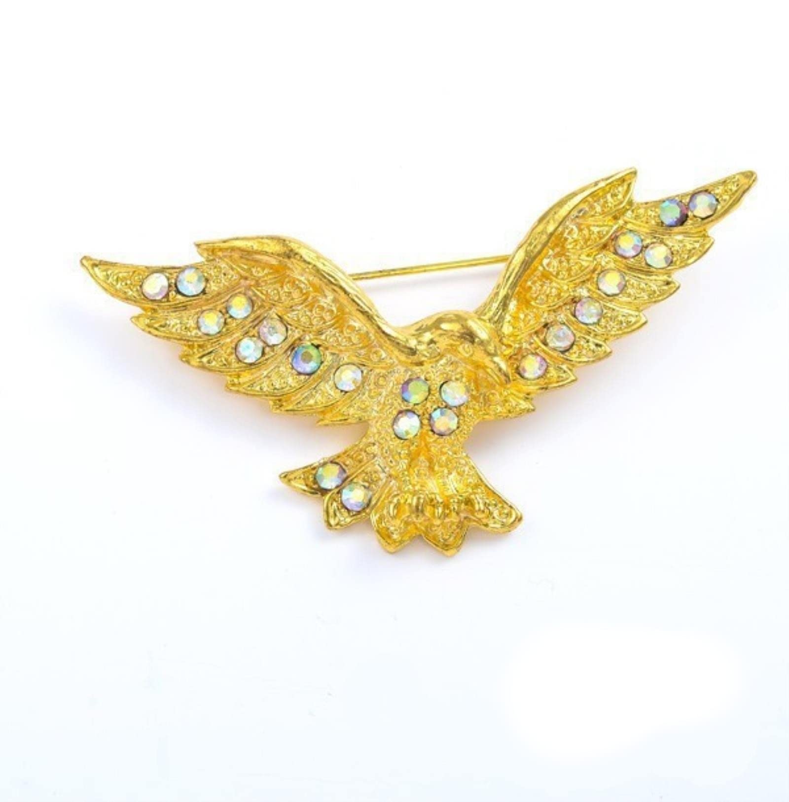Lucky Angel Men's Gold-Color The Eagle Pins Trendy Gold Rhinestone Eagle Brooch For Suit Black Animal Crystal Brooches White Broach