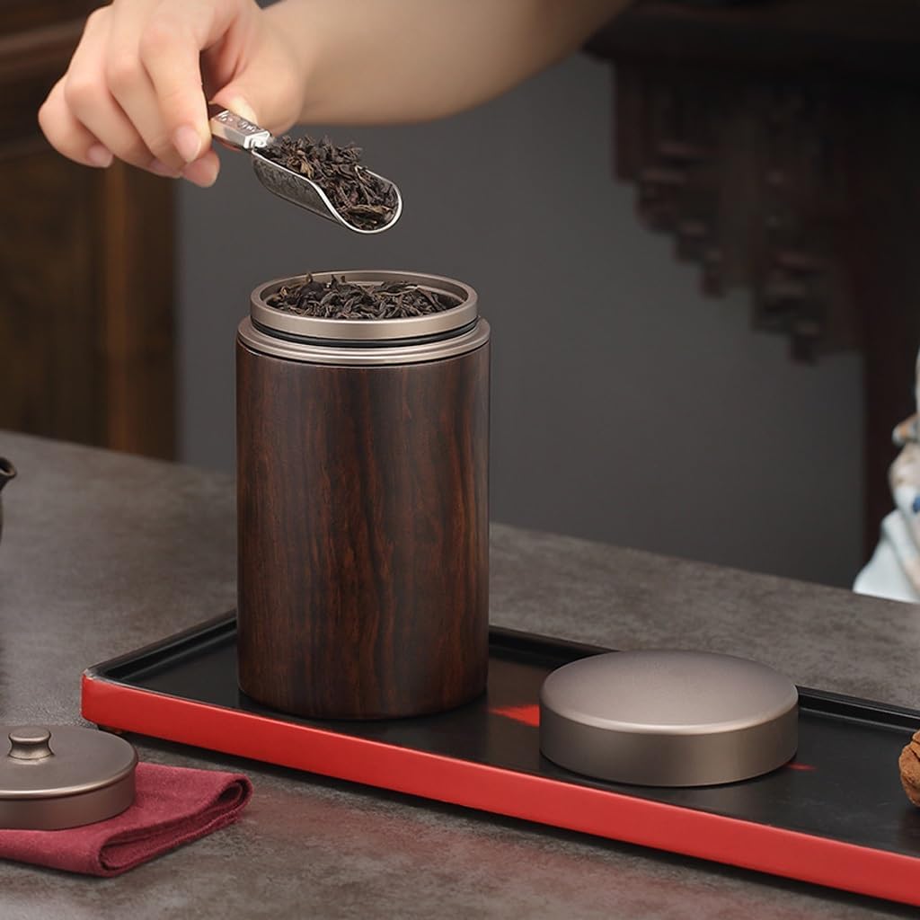 SONGCHAO Sugar Jar Ebony Solid Wood Tea Can, Household Metal Sealed, Portable Travel Storage Tea Canister