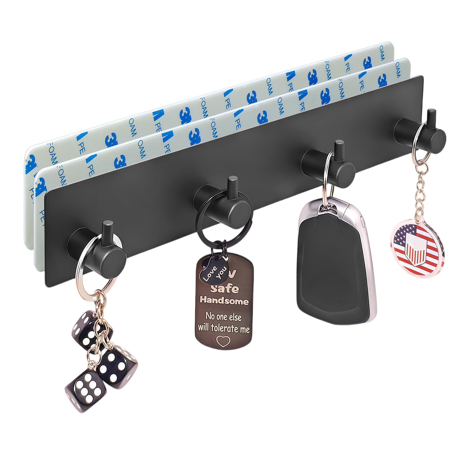 Cesujowaz Key Holder for Wall Key Hooks Wall Mounted Key Rack, Black Metal Key Hangers for Wall with 4 Hooks and Self Adhesive Tape