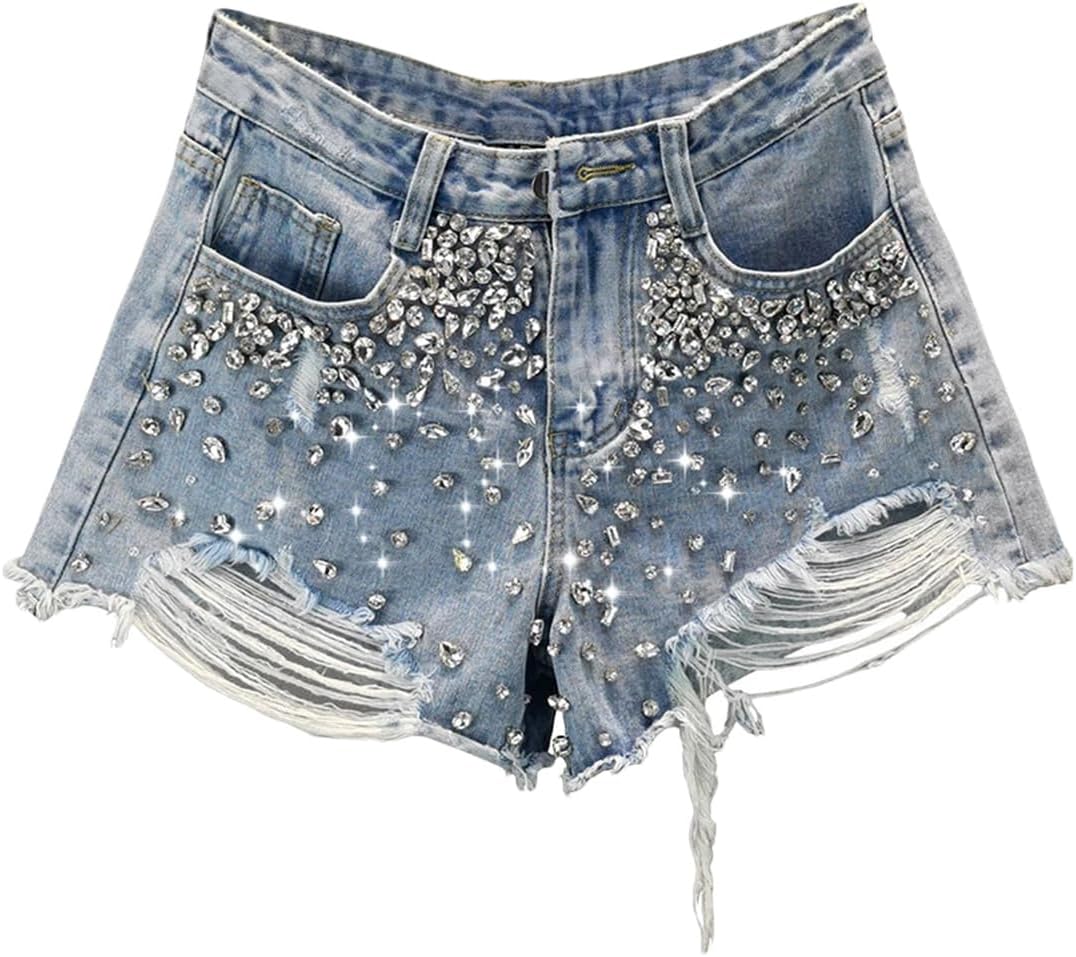 Pegsmio Ripped Wide-Leg Denim Shorts Women's Summer High Waist Rhinestone Pants Streetwear Jean Shorts