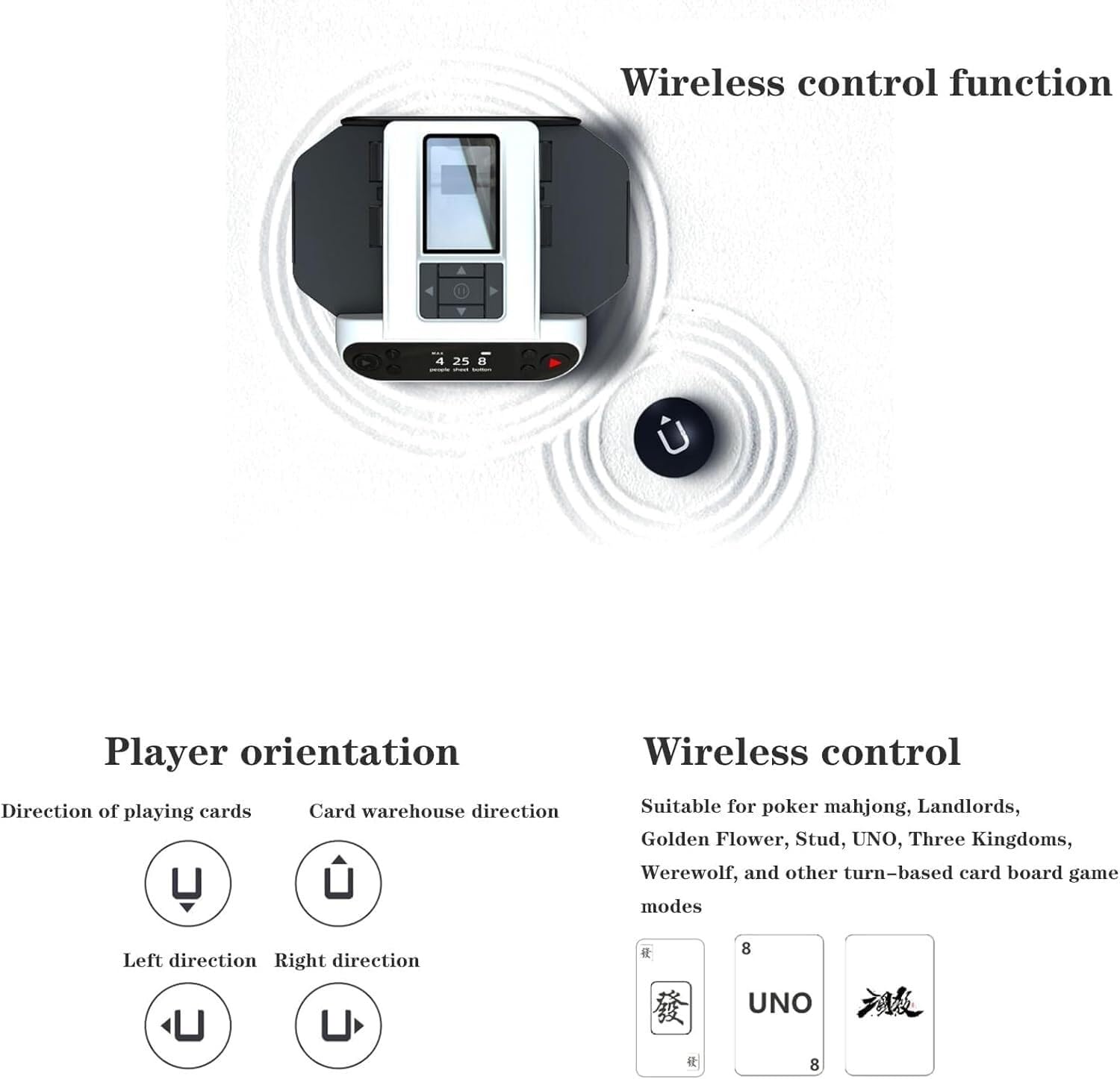 Distribuidor de cartas totalmente automático Máquina de reparto de cartas giratoria de 360° con 4 botones de repartidor inalámbricos, máquina barajadora de cartas recargable for UNO, Blackjack, Texas
