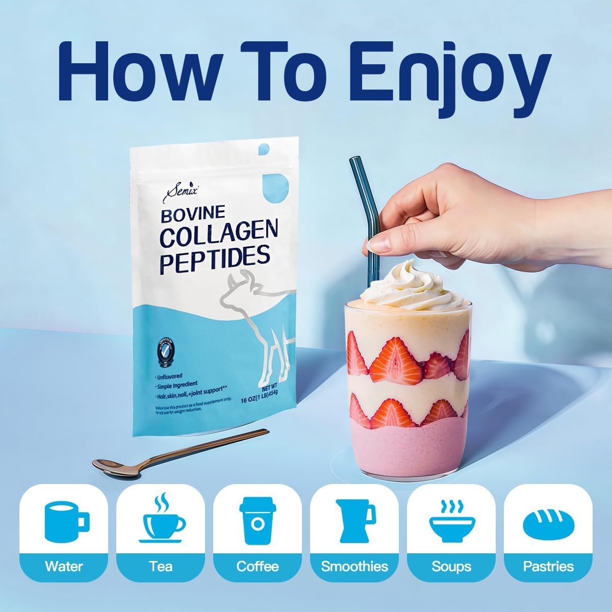 Semix Collagen Peptides Powder - Naturally-Sourced Hydrolyzed Collagen Powder - Hair, Skin, Nail, and Joint Support - Collagen Supplements for Women and Men - 1 lb(22 Servings)
