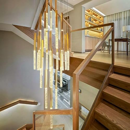 ASerZenith Modern Drops Crystal Staircase Chandelier Lighting Minimalist Loft Long Hanging Lamps Restaurant Gold Corridor Light Fixtures,Hanging Light,Warm White-18 Lights