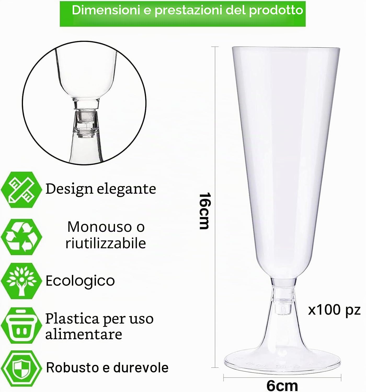 60 Flute da Champagne Eleganti in Plastica, 160ml, Calici Rigidi, Bicchieri Trasparenti Per Vino, Feste, Matrimoni, Compleanni