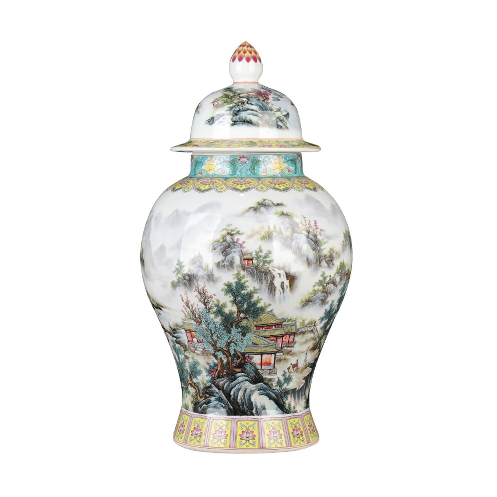 Chinoiserie Ginger Jar With Lid Hand-Painted Chinese Mountain Landscape Porcelain Flower Vase Ceramic Storage Jar Decor