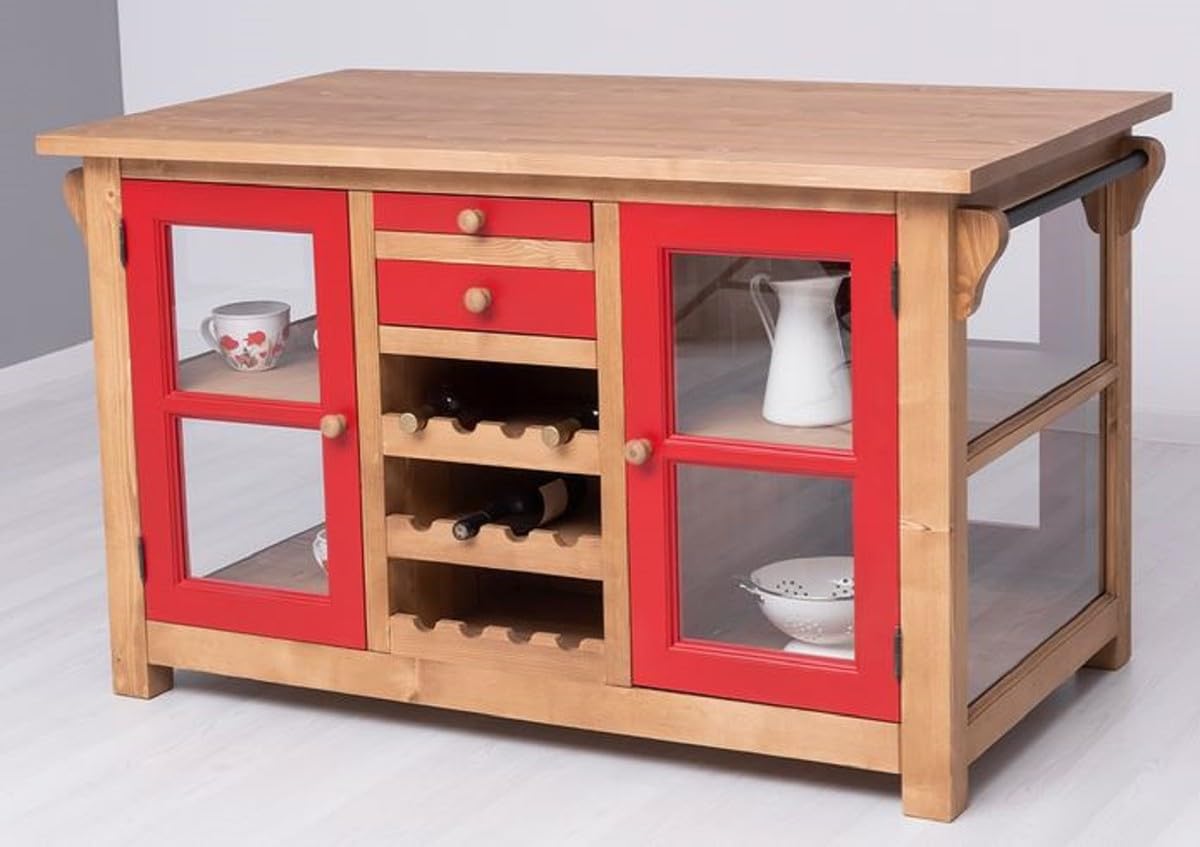Casa Padrino Wyspa kuchenna w stylu wiejskim naturalna/czerwona 150 x 90 x wys. 90 cm - Meble kuchenne z litego drewna w stylu wiejskim - Meble kuchenne z litego drewna