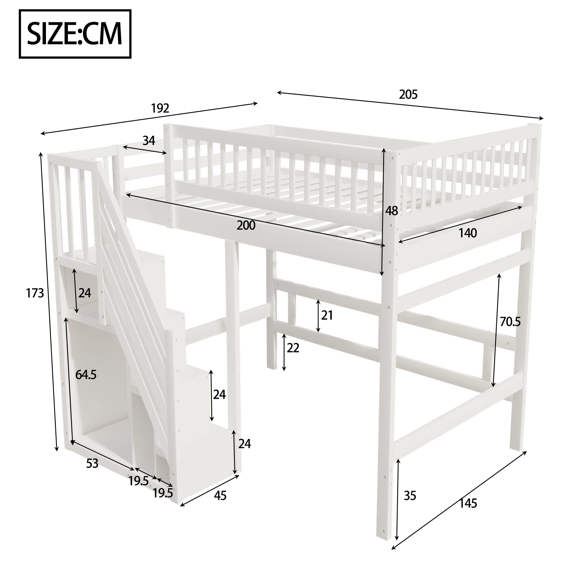 Etagenbett 140x200, Kinderbett Hochbett mit Treppe und Aufbewahrungsschrank, Funktionsbett Doppelbett Stockbett Spielbett Kinderhochbett Jugendhochbett mit Lattenrost, Massivholz, Ohne Matratze, Weiß
