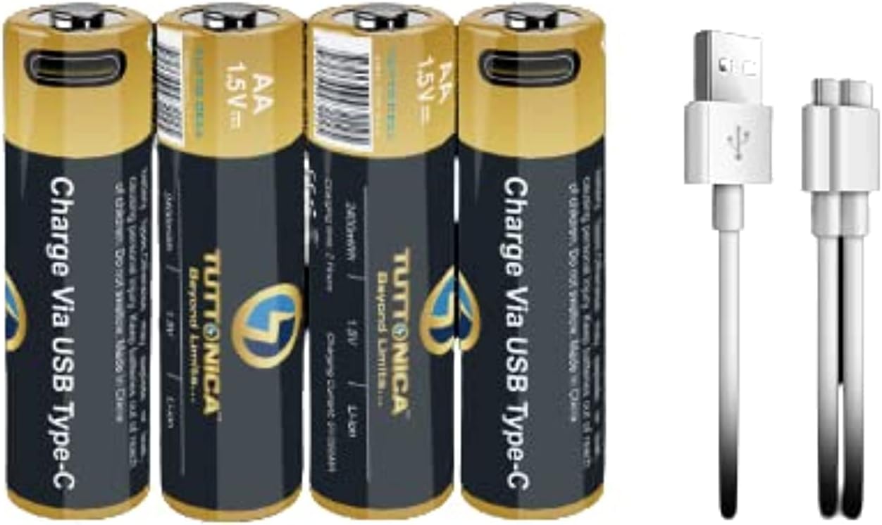 Tuttonica USB-C Rechargeable Batteries 2400mWh High capacity Superior safety long lasting AA batteries Pack of 4 , up to 1200 times , 1.5v