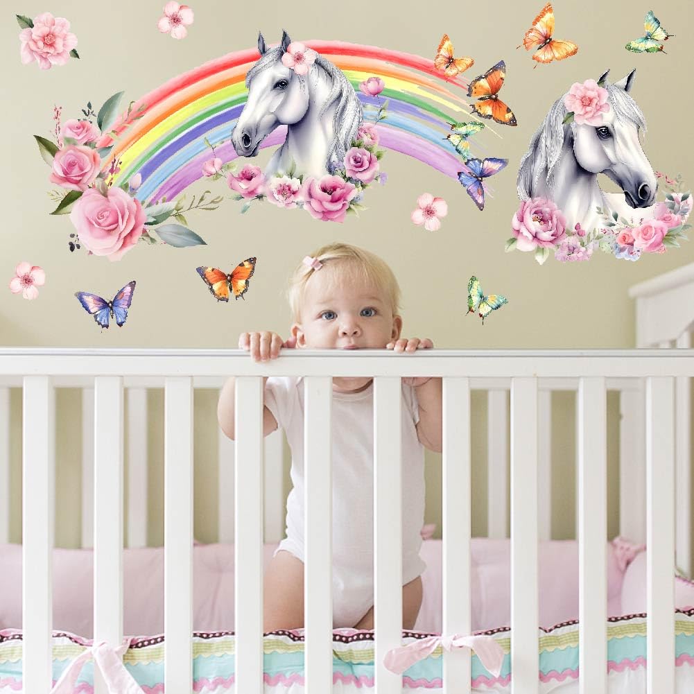 SUPERDANT Rainbow Wall Decals White Horse Wall Stickers Flowers and Butterflies Wall Art Murals Peel and Stick Adhesive Sticker for Kids Room Girls Room Bedroom Nursery Living Room Classroom